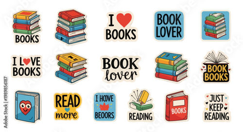 Retro book lover sticker set with 15 colorful reading icons, vintage library aesthetic illustrations, literary quotes and book stack vector graphics