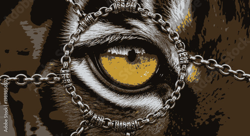 Intense Animal Gaze Through Metallic Chains - Captivating Wildlife Portrait