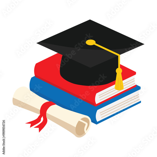 Graduation cap with books and diploma education illustration