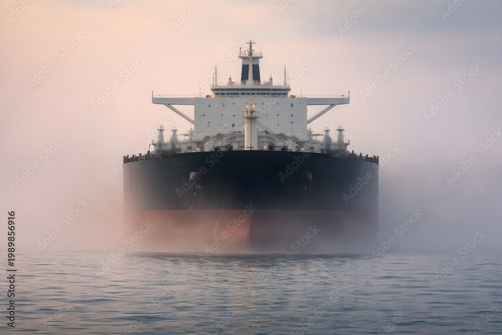 Obraz premium Massive tanker ship sailing in misty ocean with dramatic perspective