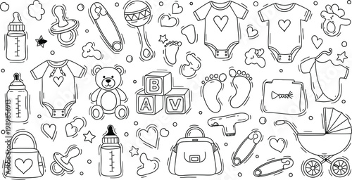 Whimsical doodle pattern animals objects and abstract shapes in black and white