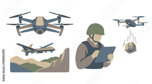 Military Drone Collection: Quadcopter, Reconnaissance Aircraft, Operator with Tablet, and Drone Drop Vector