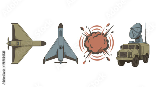Military kamikaze drone uav and radar truck: flat vector illustrations with explosion blast