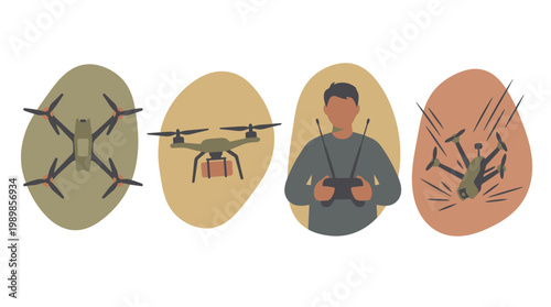 FPV Drone Vector Illustrations: Remote Operator, Payload Drone, and Crash Sequence on White