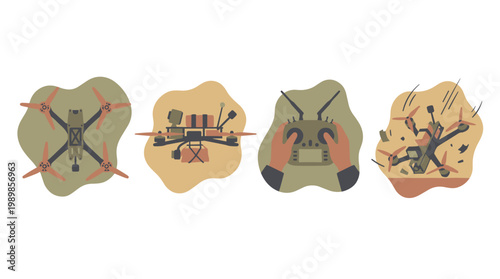 FPV drone set: isolated flat vector illustrations of flight, delivery payload, operator, and crash.