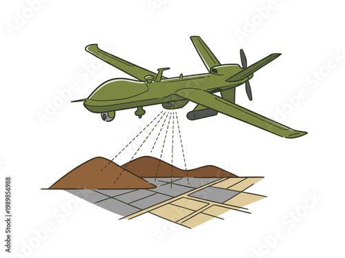 Military reconnaissance drone illustration with scanning beam and abstract geometric terrain, minimal flat vector
