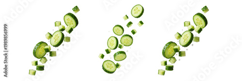 Fresh Cucumber Slices Falling Isolated Transparent Background Healthy Food Concept