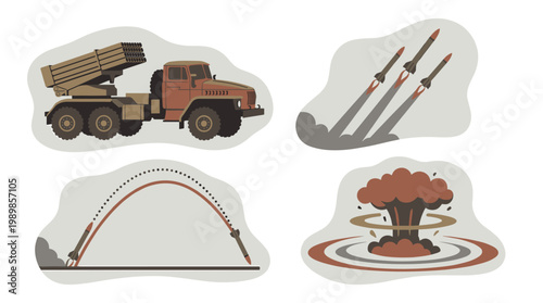 Military rocket launcher vehicle, MLRS artillery salvo, trajectory arc, and explosion flat vector set