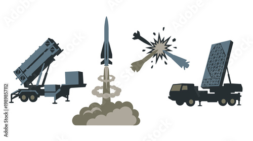 Missile Defense System Flat Vector Illustrations: SAM Launcher, Vertical Rocket Launch, Interception, and Radar