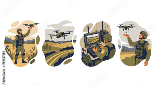Military drone operator illustrations, soldier launching UAV, field flight, ground control station monitor display