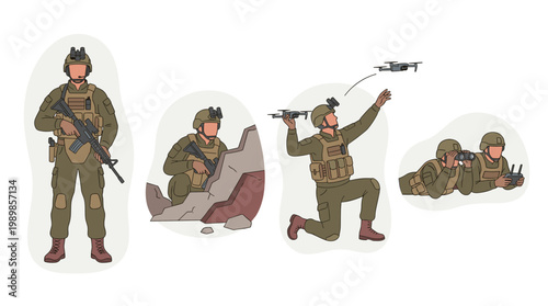 Tactical military soldier vector set: infantry combat team, drone operator, and reconnaissance troop illustrations.