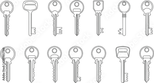Vector set of different house door key icons in thin line style isolated on white background for security lock real estate and home accessibility concepts.