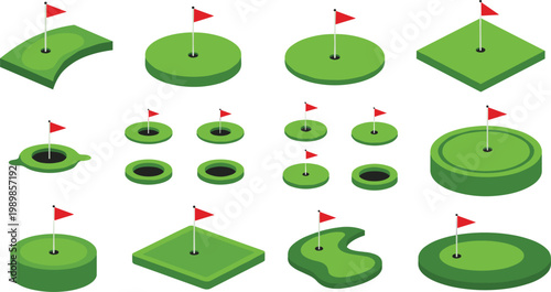 Isometric vector set of green golf course putting holes with red flags and grass patches for sport game design navigation and tournament competition layout isolated on white background.