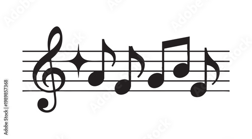 Music notes on staff vector, musical stave with black symbols of sound on white background.