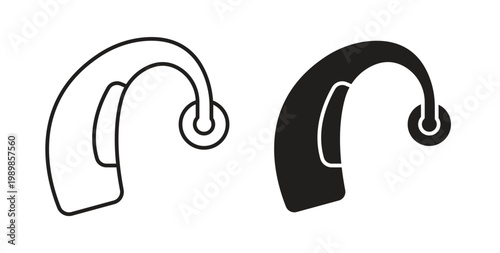 Hearing aid icon line style collection. Simple black solid icons