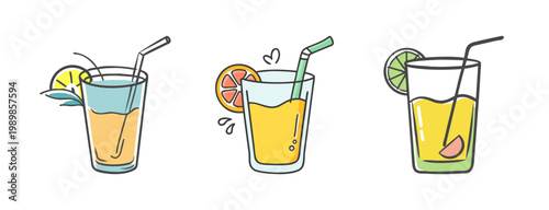 Hand drawn cocktail icons, summer juice glass set, tropical fruit drink vector elements