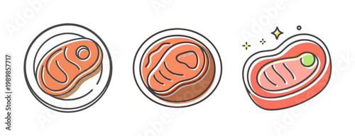 Minimalist meat steak icons, raw beef fillet vector set, fresh protein food illustrations