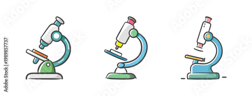 Scientific microscope vector icons, laboratory research equipment, 3 cartoon lab tools