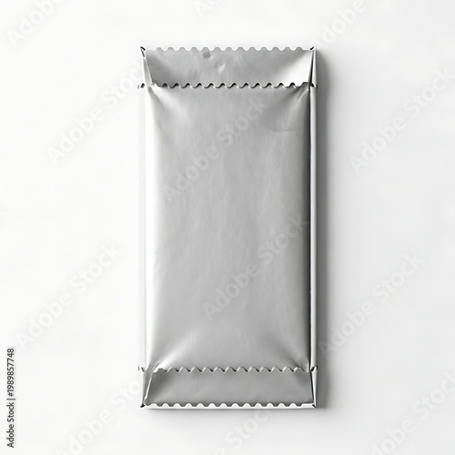 Shiny silver foil pouch standing upright against a plain background
