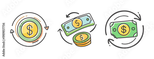 Cashback icons set, money refund symbols, dollar currency exchange vector illustrations