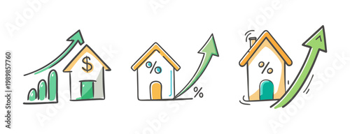 Real estate market growth icons, house price increase, rising mortgage interest rates