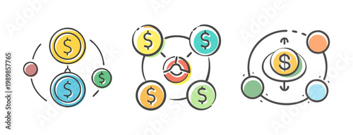 Financial management icons, money flow vector set, budget planning and cash circulation