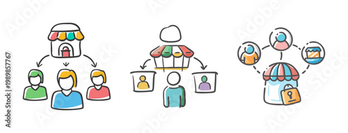 Hand drawn retail franchise icons, local store marketing set, small business vector