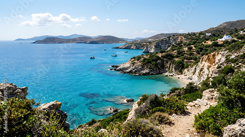 Vibrant turquoise sea with anchored
