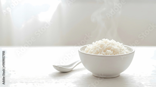 Steaming bowl of white rice kitchen table food photography cozy atmosphere close-up view culinary delight