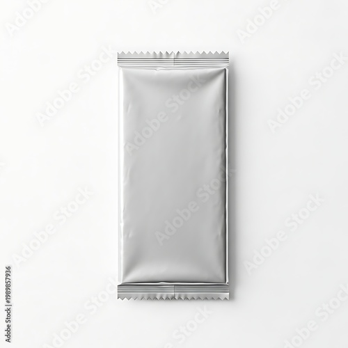 Sealed metallic pouch standing upright against a plain background