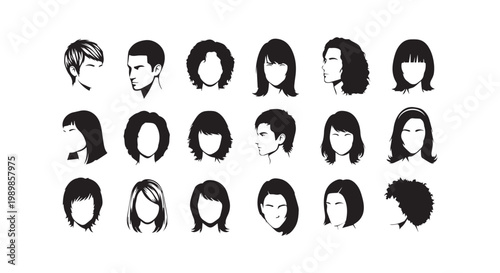 Diverse hairstyles and haircuts silhouette collection, male and female portraits, modern and classic hair styles, fashion icons.