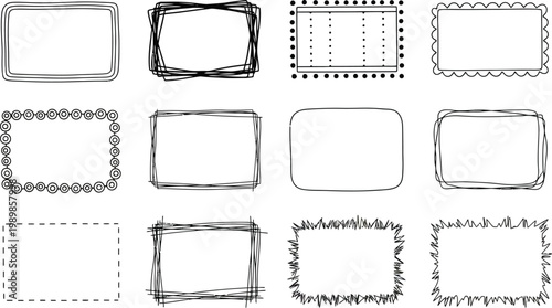 Collection of hand drawn square frames and borders in black and white
