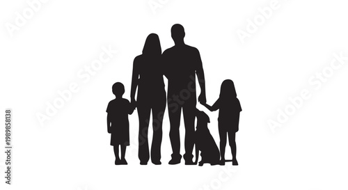 Family silhouette with parents two children and dog standing together holding hands.