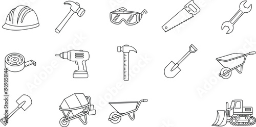Hand drawn sketches of various construction tools and heavy machinery equipment icons