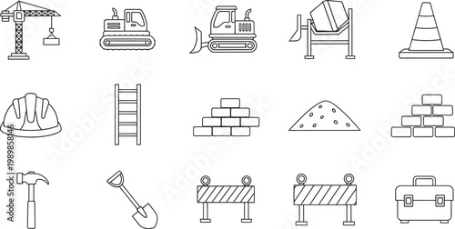 Collection of hand drawn construction and building site equipment icons on a white background