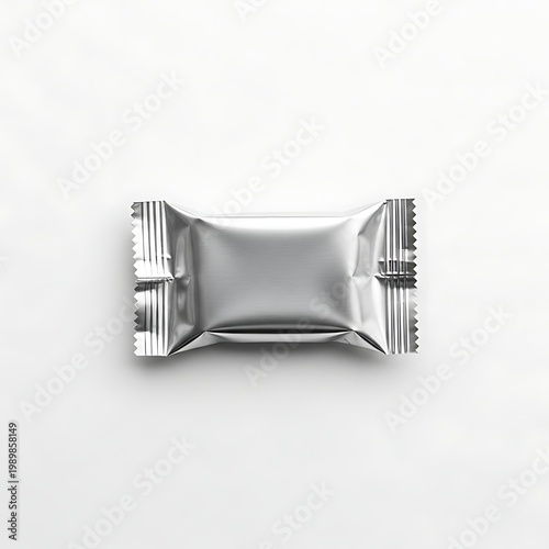 Sealed foil packet resting on a plain background