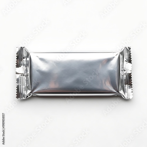 Shiny foil-wrapped rectangular snack packet on a plain background