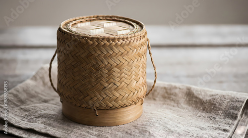 Artisan crafted bamboo basket kitchen table product photography natural lighting close-up home decor concept