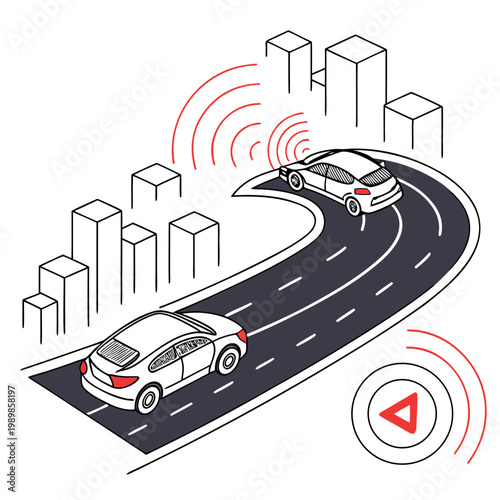 Isometric autonomous vehicles driving on smart city road with self driving automated vehicle road network urban planning autonomous transportation technology isometric automation connected