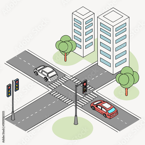 Isometric city intersection with traffic signals and cars intersection isometric building crosswalk infrastructure transportation architecture urbanism planning illustration commuting