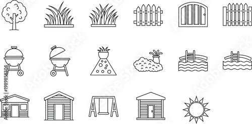 Collection of garden and backyard line icons featuring trees, fences, grills, and sheds