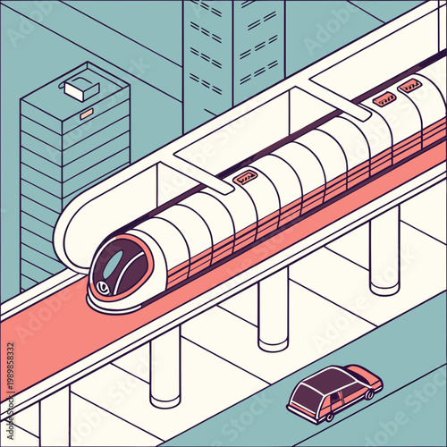 Isometric high speed train passing through urban city infrastructure with transportation isometric technology infrastructure building business illustration movement commuter elevated