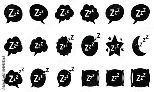 Various black vector sleep icons with zzz symbols in speech bubbles and shapes