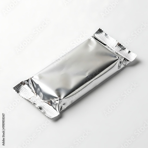 Sealed rectangular food packet wrapped in shiny aluminum foil on a plain surface