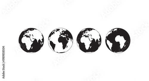 Four globes showing Earth continents, world map illustrations in black and white, global geography and travel concept.