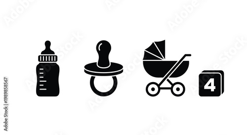 Baby essentials including bottle, pacifier, stroller, and calendar on table