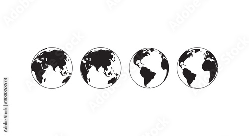 Four stylized globes depicting continents of Earth in black silhouette on white background, representing global travel and worldwide connections.
