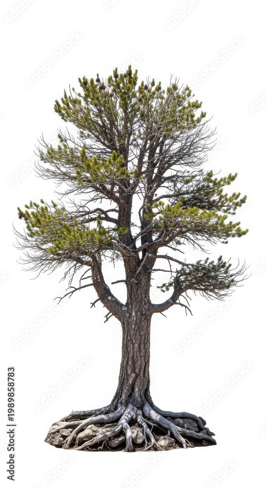 Obraz premium Majestic Old Pine Tree with Exposed Roots Isolated on White Background