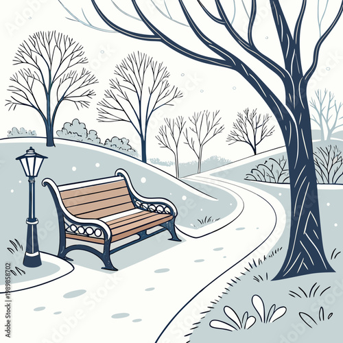 Winter park landscape with empty bench and street lamp under snowfall landscape peaceful background illustration snowfall parkland environment tranquility seasonal