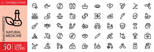 Natural medicine icons set. Includes symbols of herbs, leaves, organic remedies, alternative therapy, healing, and holistic health practices. Editable stroke. Vector illustration. Outline icons.